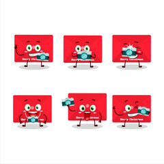 Wall Mural - Photographer profession emoticon with red christmas envelopes cartoon character