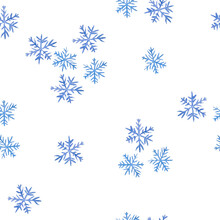 Watercolor Hand Drawn Seamless Pattern With Blue Elegant Snowflakes For Christmas New Year Design Wrapping Paper Textile. Electric Blue Snow Frost Pastel Invitation Celebration. Winter Background.