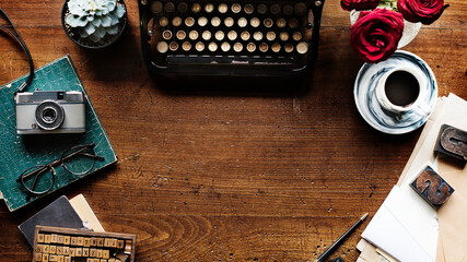 retro typewriter on a wooden table website banner template