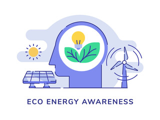 Wall Mural - Eco energy awareness concept bulb lamp in head solar panel wind power sun white isolated background with flat outline style