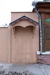 Porch door of old wooden house on Lenin Street, 106, Ulyanovsk city, Russia. Old architecture, Ulyanovsk architectural monument, Ulyanovsk landmark