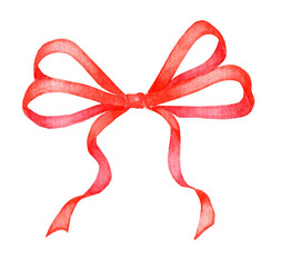 Romantic red bow ribbon isolated on white background. Decoration of festive events. Christmas or birthday decoration element. Watercolor illustration isolated on a white background, hand-drawn.