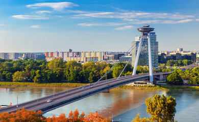 Wall Mural - Sunrise on Bridge SNP and UFO tower view point over Danube river in Bratislava city, Slovakia