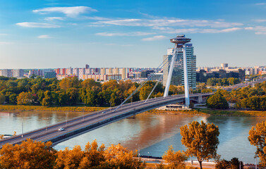Wall Mural - Sunrise on Bridge SNP and UFO tower view point over Danube river in Bratislava city, Slovakia