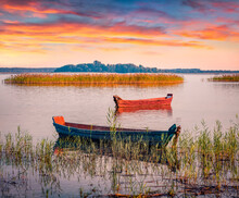 Two Fifhing Boats On The Svityaz Lake. Spectacular Sunrise On Shatsky National Park, Volyn Region, Ukraine, Europe. Beauty Of Nature Concept Background..
