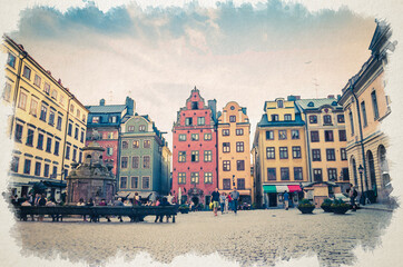 Watercolor drawing of Sweden traditional typical buildings with colorful walls, Nobel Museum and fountain on Stortorget square in old town quarter Gamla Stan of Stadsholmen island, Stockholm