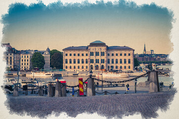 Watercolor drawing of National Museum of Fine Arts Nationalmuseum building located on peninsula Blasieholmen in city centre near Lake Malaren channel, view from old town Gamla Stan, Stockholm, Sweden