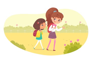 Wall Mural - School kids going to study in autumn. Happy girls or sisters walking in park and talking. Learning and primary education vector illustration. Cute schoolchildren in September with backpacks