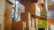 © Gorodenkoff - Retail Warehouse full of Shelves with Goods in Cardboard Boxes, Female Worker Scans and Sorts Packages for Delivery. Distribution Logistics Center. Low Angle