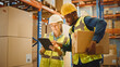 © Gorodenkoff - Retail Warehouse full of Shelves with Goods in Cardboard Boxes, Male and Female Supervisors Use Digital Tablet and Discuss Product Delivery. Forklift Working in Logistics Storehouse