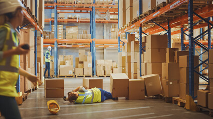 Wall Mural - warehouse worker has work related accident falls while trying to pick up cardboard box from the shel