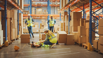 Wall Mural - Warehouse Worker Has Work Related Accident Falls while Trying to Pick Up Cardboard Box from the Shelf. Colleagues Call for Help and Medical Assistance. Injury at Work.