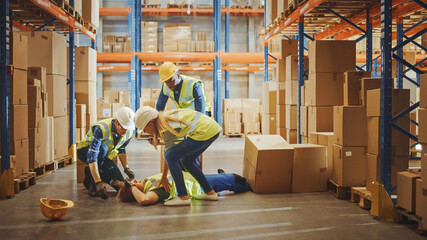Wall Mural - warehouse worker has work related accident falls while trying to pick up cardboard box from the shel
