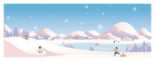 Art & Illustration Vector Illustration Of  Winter Landscape.Snow With Church,rural Village.Kids Playing Outside With Sleight And Snowman.Concept Of Winter Landscape Background. 
