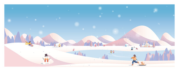 Art & Illustration Vector illustration of  winter landscape.Snow with church,rural village.Kids playing outside with sleight and snowman.Concept of winter landscape background. 