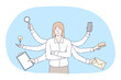 © Dzianis Vasilyeu - Multitasking, business efficiency, management, concept. Effective executive businesswoman professional clerk competent manager leader cartoon character workaholic standing with many hands illustration