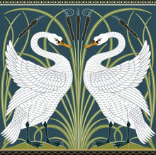 White Swan Decorative Border Pattern On Dark Green Background. Vector Illustration.