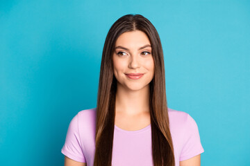 Sticker - Photo of confident girl woman dressed casual purple outfit look empty space isolated blue color background