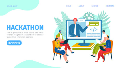 Hackathon event landing page vector illustration. Team of programmers, designers, web developers, PM collaborate on software project. Programming hackathon teamwork online webpage.