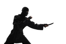 Japanese Ninja In Black Uniform On White Background