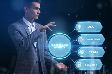 Wall Mural - Business, Technology, Internet and network concept. Young businessman working on a virtual screen of the future and sees the inscription: Protect your identity