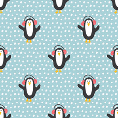 Wall Mural - New Year and Christmas seamless pattern with penguins, hand drawn doodles Seamless Pattern. Background Vector Illustration
