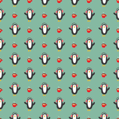 Wall Mural - New Year and Christmas seamless pattern with penguins, hand drawn doodles Seamless Pattern. Background Vector Illustration
