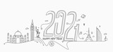 Fototapeta Miasto - Happy New Year 2021 Text with travel world Design Patter, Vector illustration.