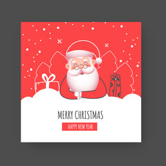 Poster - Merry Christmas & New Year Greeting Card In White And Red Color With Cute Santa Claus.