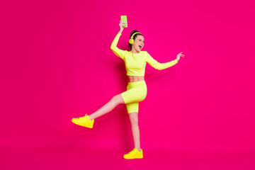 Sticker - Full length body size view of her she nice attractive slim fit thin cheerful cheery glad girl listening pop music dancing rest chill isolated bright vivid shine vibrant pink fuchsia color background