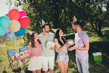 Sticker - Photo of two cheerful couples celebrating birthday party otdoors outside backyard forest countryside