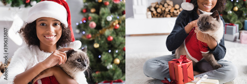 Plakat collage of happy african american girl smiling at camera while cuddling cat on blurred background, banner