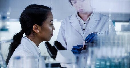 Wall Mural - female doctors testing samples in futuristic laboratory. using microscopes and computer with data