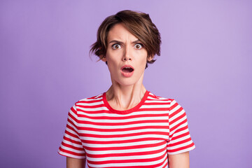 Poster - photo of charming young lady open mouth speechless staring camera wear striped t-shirt isolated viol