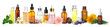 Set of different essential oils used in aromatherapy on white background, banner design