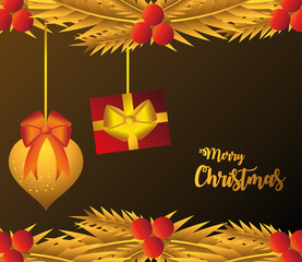 Poster - merry christmas, branch tree with gift ball golden style