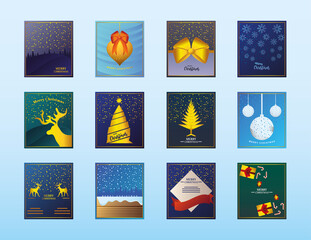 Poster - merry christmas, greeting card set with ball, tree, gift, snow and others icons