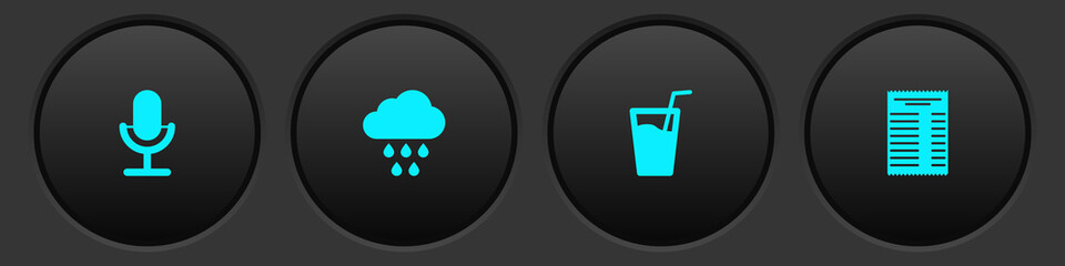 Sticker - Set Microphone, Cloud with rain, Glass water and Paper or financial check icon. Vector.