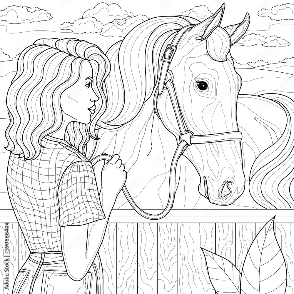 Girl with a horse.Coloring book anti stress for children and adults ...