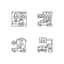 Car In Drive Thru Lane Linear Icons Set. Fast Food Restaurant Window. Convenience Mailbox For Driver. Customizable Thin Line Contour Symbols. Isolated Vector Outline Illustrations. Editable Stroke
