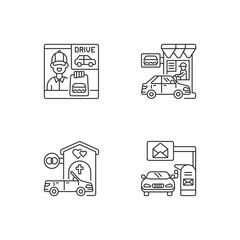 Sticker - Car in drive thru lane linear icons set. Fast food restaurant window. Convenience mailbox for driver. Customizable thin line contour symbols. Isolated vector outline illustrations. Editable stroke