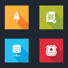 Sticker - Set Rocket ship with fire, Unknown document, Server, Data, Web Hosting and Police badge icon. Vector.