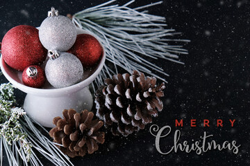 Poster - Merry Christmas ornaments with tree decoration and text for holiday.