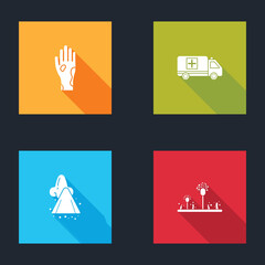 Sticker - Set Hand with psoriasis or eczema, Emergency car, Runny nose and Mold icon. Vector.