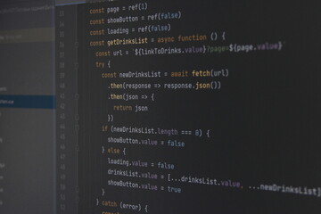 the program javascript code on the computer black screen. the concept of website, internet, cyber se