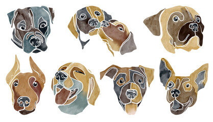 Watercolor abstract set of dogs portraits 