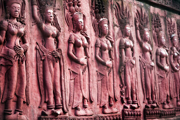 asian antique art of hindu sculpture style on public temple wall