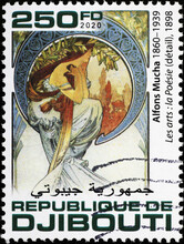 Allegory Of Poetry By Alfonse Mucha On Stamp