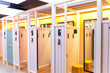 Wooden fitting booths 3 to 6 for trying on store clothes. Clean, bright, comfortable and empty fitting rooms