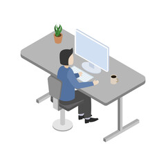 Man working in office. Isometric view. Vector
